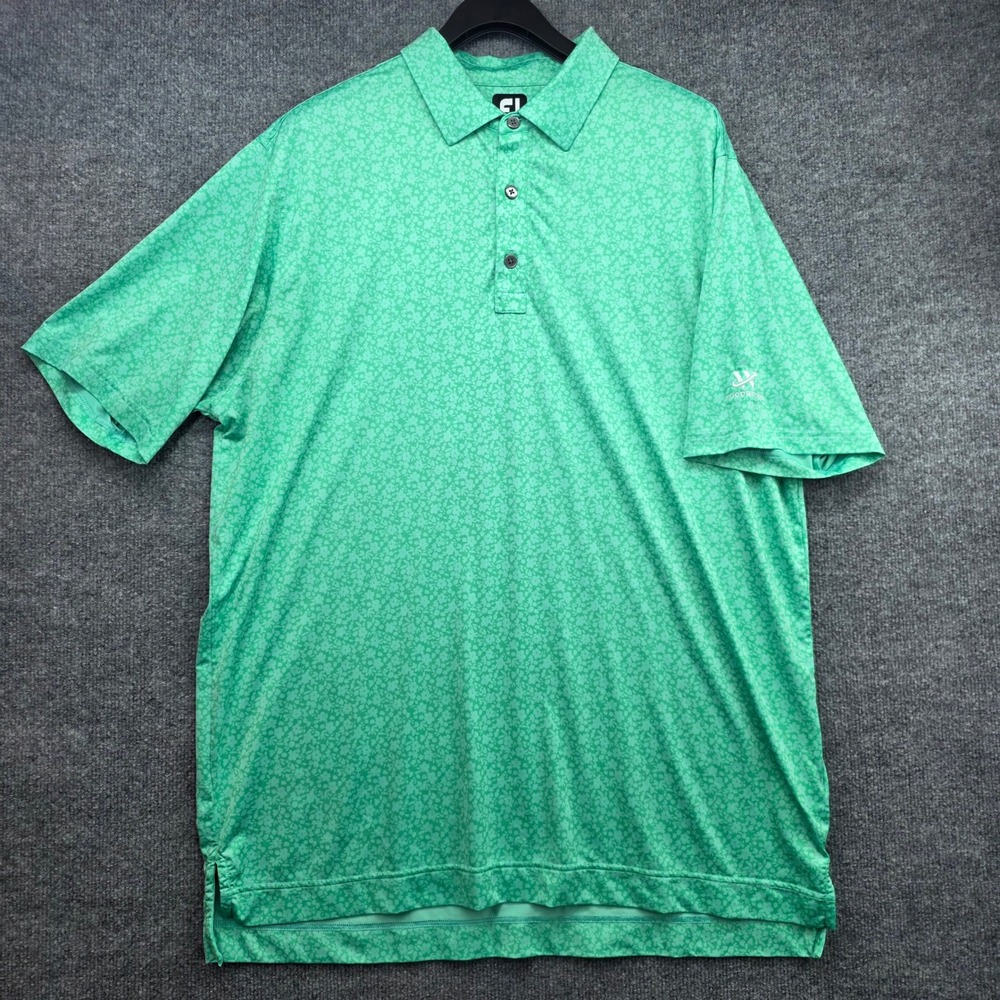 FootJoy Mens XL Green Micro Floral Golf Polo Shirt Woodbridge Logo Short Sleeve